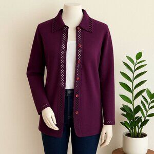 Cherokee Purple Cardigan Perforated Button Up Knit Sweater Size XL Soft Cozy Top